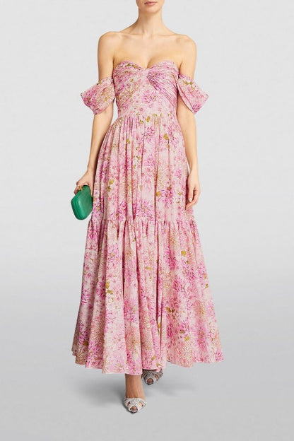 Floral Print Off-the-Shoulder Ruched Twist Bodice Midi Dress