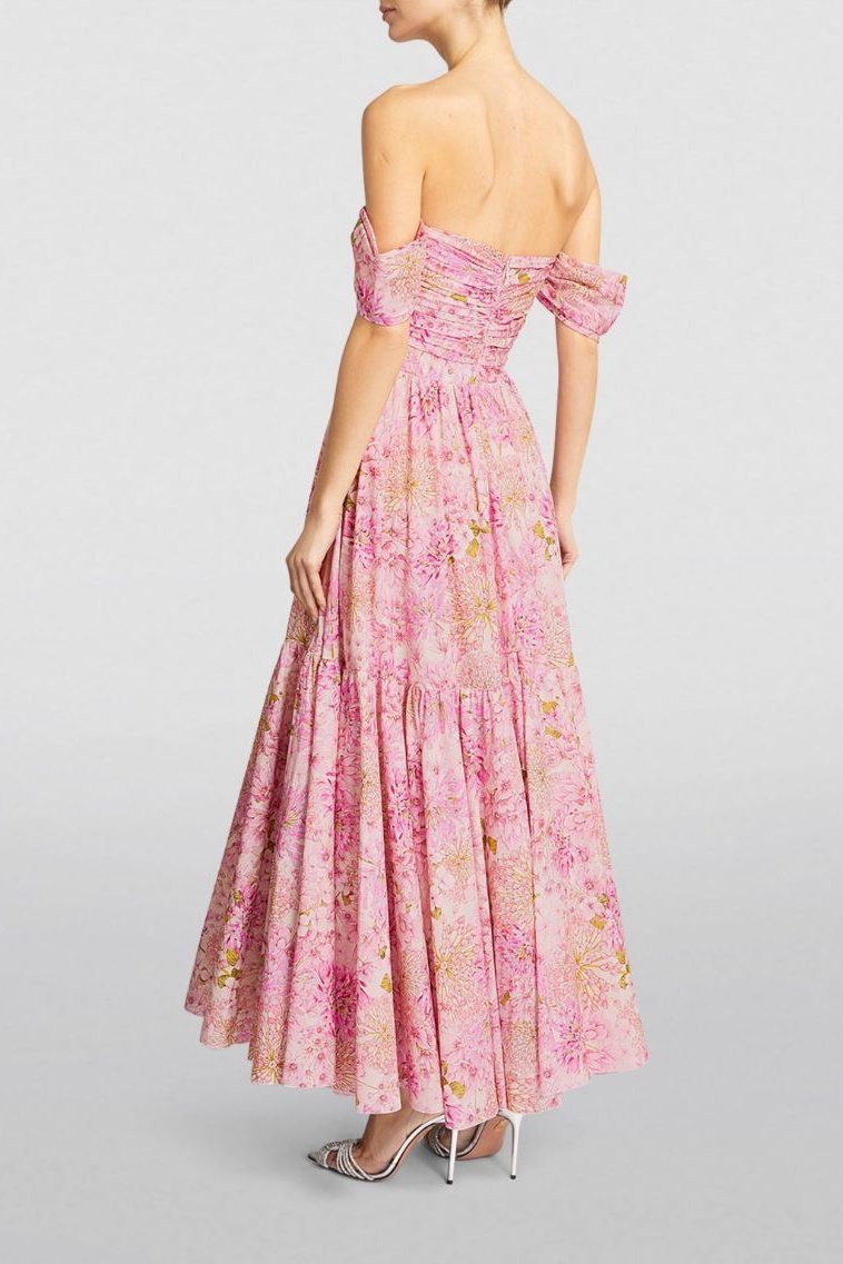 Floral Print Off-the-Shoulder Ruched Twist Bodice Midi Dress