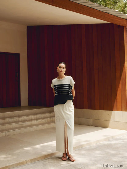 Casual Cotton Blends Trendy Striped Knit Top