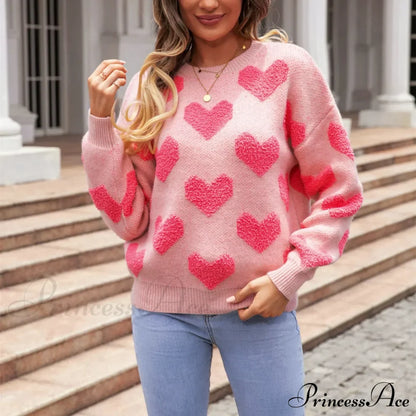 Casual Cozy Loose Pink Heart Pattern Comfortable Long Sleeve Fashionable Sweater