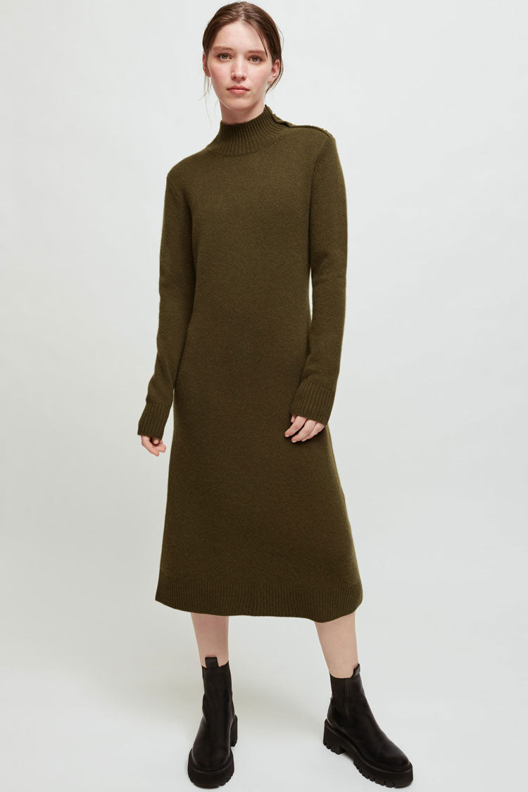 Mock Neck Rib Knit Button Shoulder Tab Sweater Midi Dress
