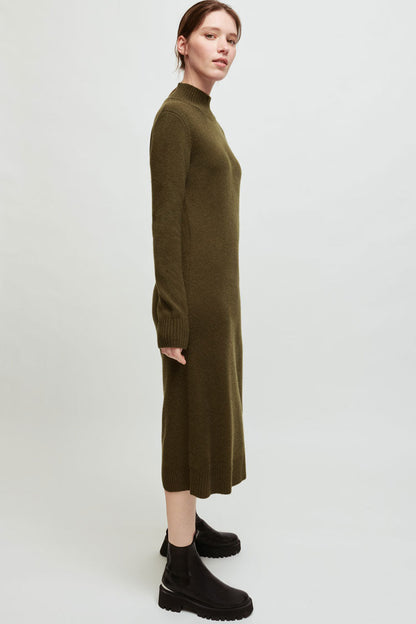 Mock Neck Rib Knit Button Shoulder Tab Sweater Midi Dress