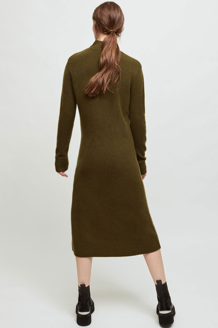 Mock Neck Rib Knit Button Shoulder Tab Sweater Midi Dress