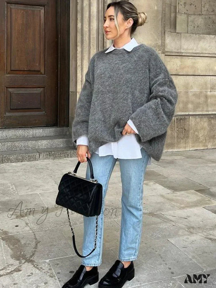 Casual Knitted Solid Women Pullover O-neck Long Sleeve Loose Female Fashion Sweater