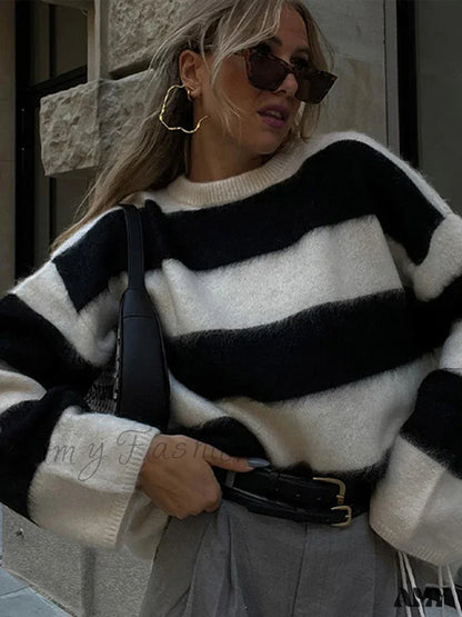 Casual Knitted Solid Women Pullover O-neck Long Sleeve Loose Female Fashion Sweater