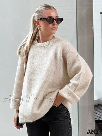 Casual Knitted Solid Women Pullover O-neck Long Sleeve Loose Female Fashion Sweater