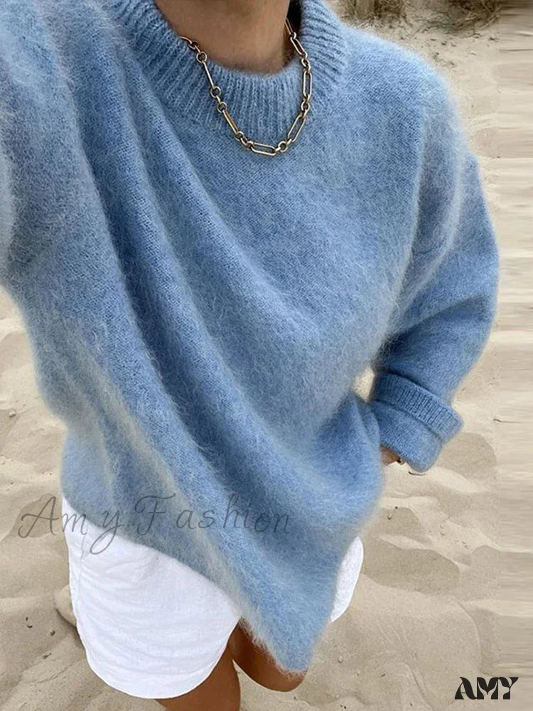 Casual Knitted Solid Women Pullover O-neck Long Sleeve Loose Female Fashion Sweater