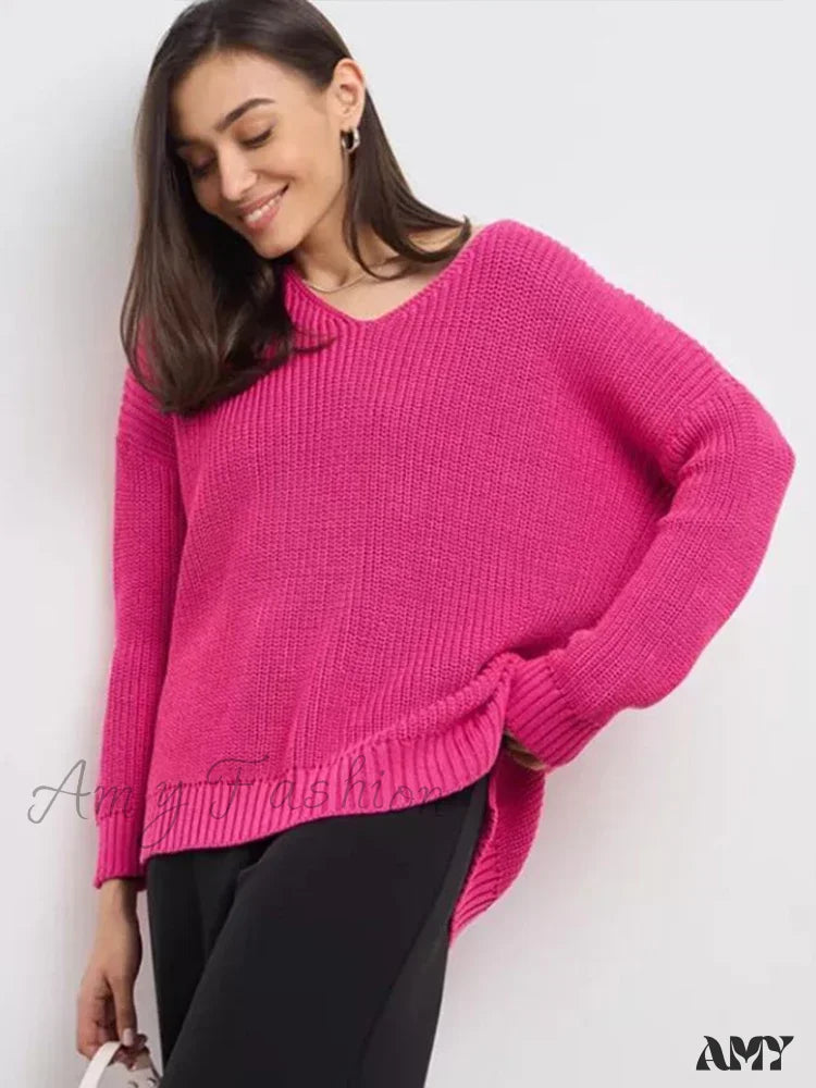 Casual Knitted Women Solid V-neck Long Sleeve Pullover 2024 Autumn Winter Soft Match All Sweater