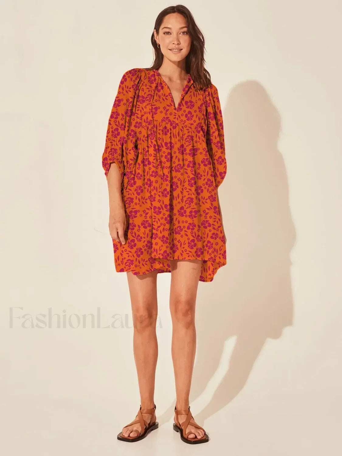 Casual Loose Floral Print Spring/Summer Women's 2024 New Lantern Sleeves Lace-up V-neck Mini Dress