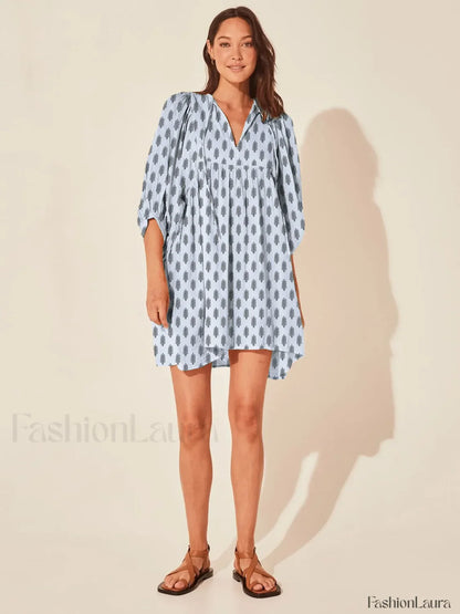 Casual Loose Floral Print Spring/Summer Women's 2024 New Lantern Sleeves Lace-up V-neck Mini Dress