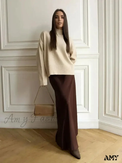 Casual Satin Loose High Waist Maxi Elegant Simple Silk Fishtail Skirt