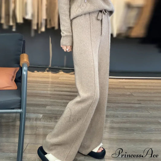 Casual Thick Knitted Elastic High Waist Loose Wide Leg Long Striped Pants