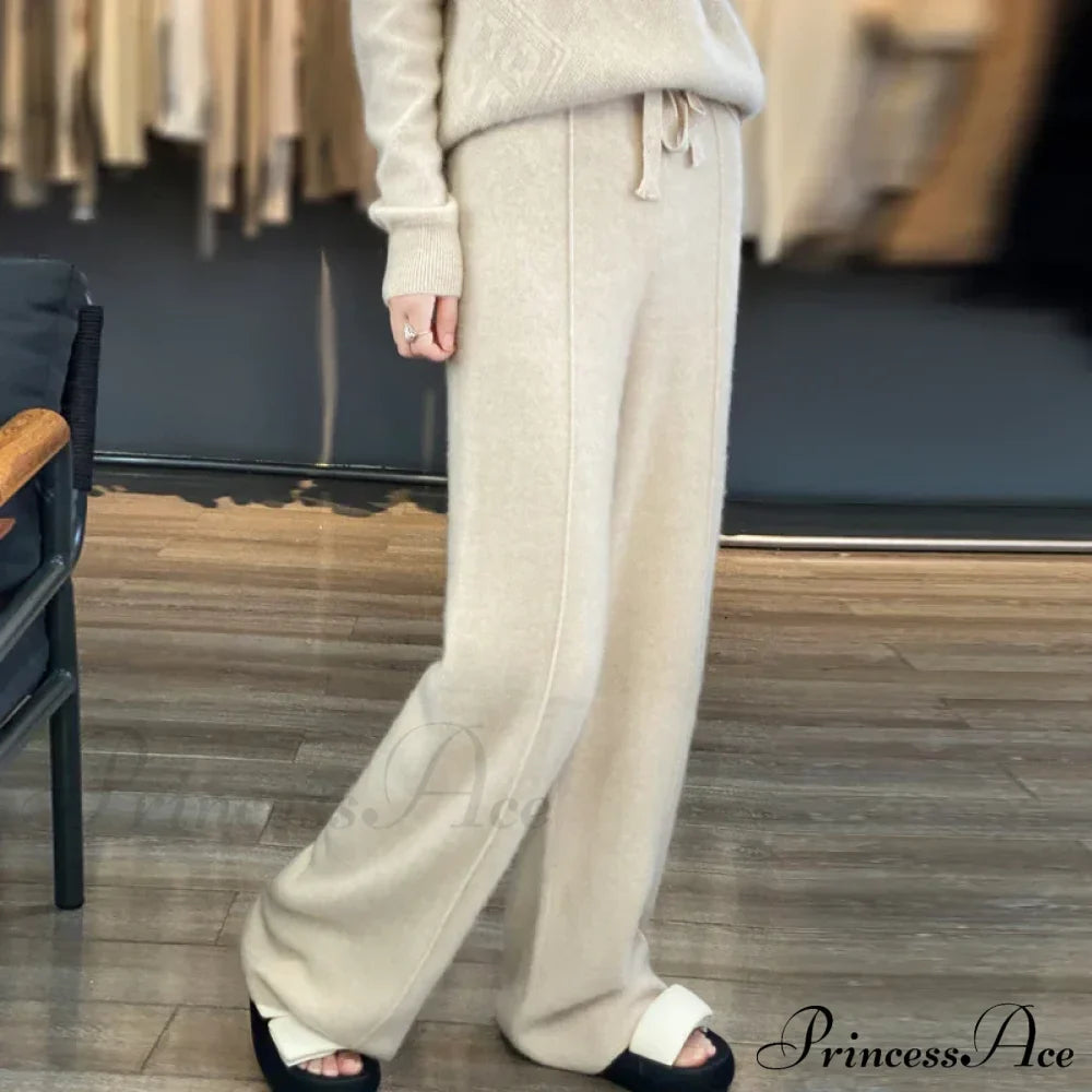 Casual Thick Knitted Elastic High Waist Loose Wide Leg Long Striped Pants