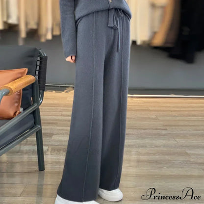 Casual Thick Knitted Elastic High Waist Loose Wide Leg Long Striped Pants