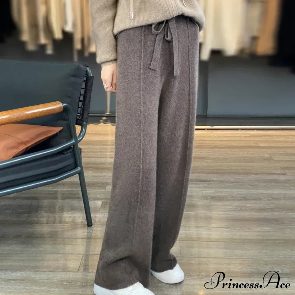 Casual Thick Knitted Elastic High Waist Loose Wide Leg Long Striped Pants