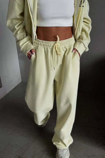 Casual Zip Hooded Embroidered Sweatpants Two Piece Set