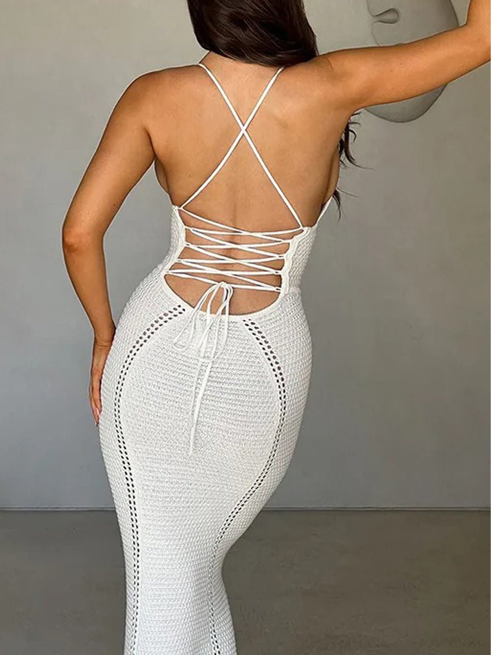Crochet Knit Sweetheart Spaghetti Strap Corset Waist Mermaid Maxi Dress