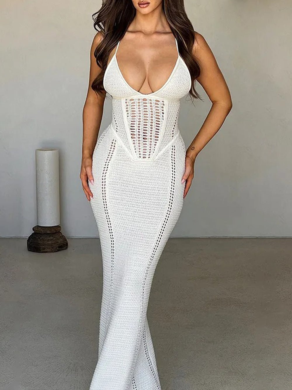 Crochet Knit Sweetheart Spaghetti Strap Corset Waist Mermaid Maxi Dress