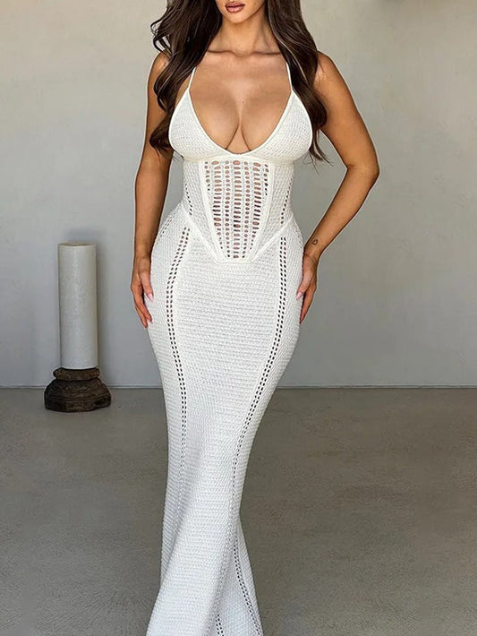 Crochet Knit Sweetheart Spaghetti Strap Corset Waist Mermaid Maxi Dress