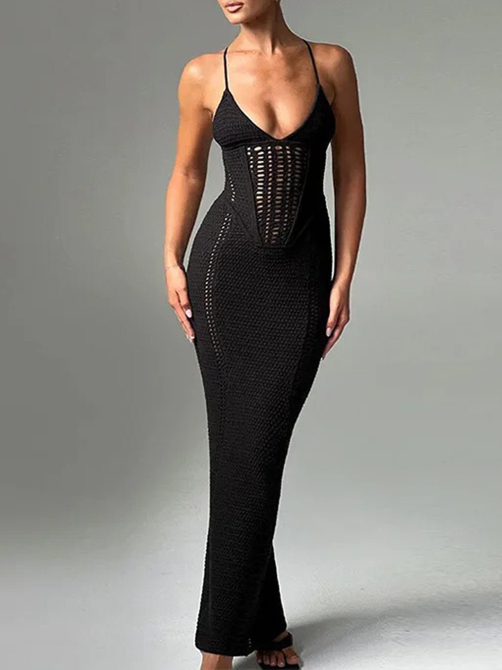 Crochet Knit Sweetheart Spaghetti Strap Corset Waist Mermaid Maxi Dress