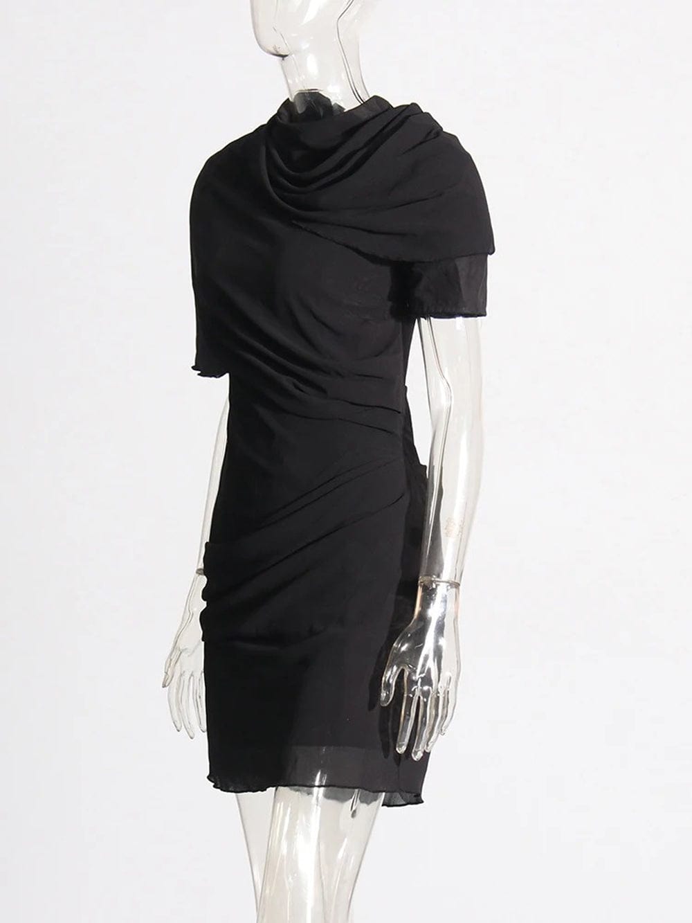 Draped High-Neck Asymmetric Ruched Bodycon Mini Dress