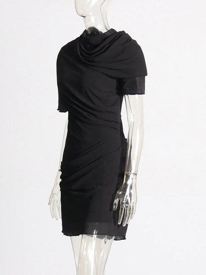 Draped High-Neck Asymmetric Ruched Bodycon Mini Dress