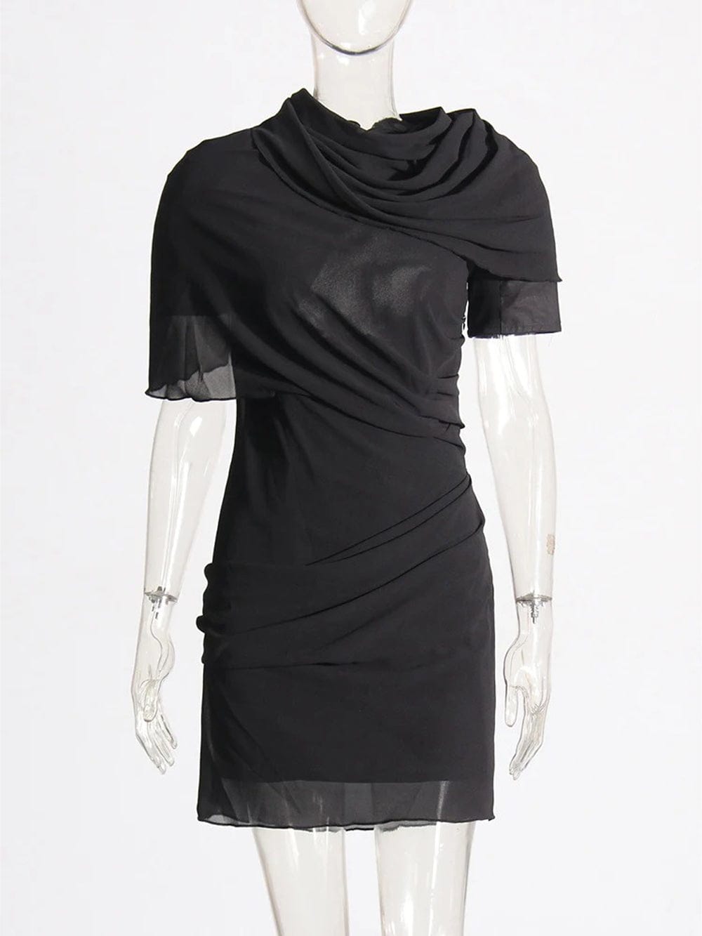 Draped High-Neck Asymmetric Ruched Bodycon Mini Dress
