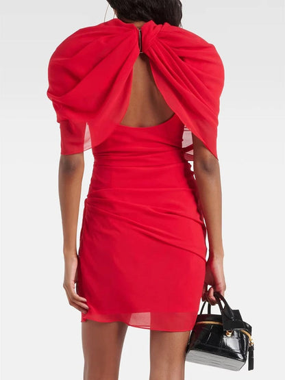 Draped High-Neck Asymmetric Ruched Bodycon Mini Dress