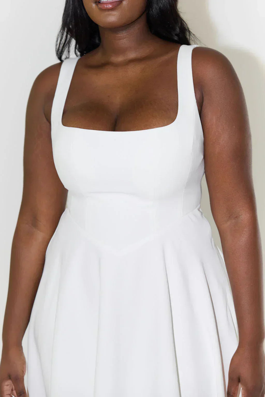 Square Neck Wide Strap Fit and Flare Pleated Tea Length Midi Dress