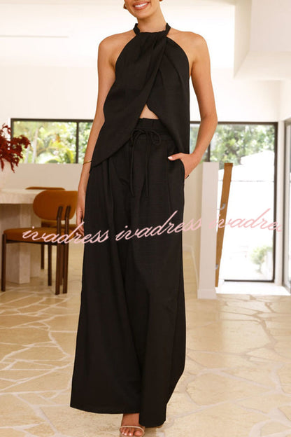 Gette Linen Blend Slit Front Top and High Rise Knoted Pocket Wide Leg Pants Set