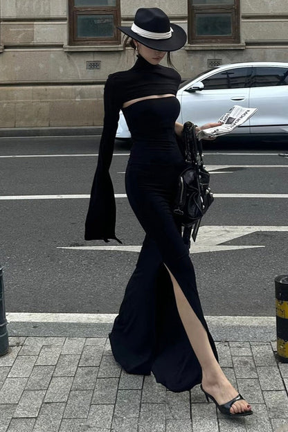 | Solid Slim Asymmetric Long-Sleeve Maxi Dress