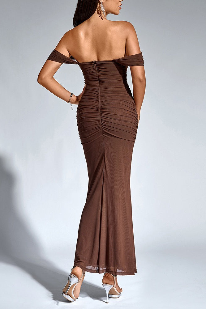 Off-Shoulder Ruched Cowl Drape Mesh Overlay Bodycon Maxi Gown