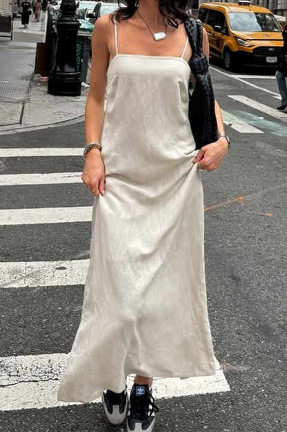 | Khaki Linen Cotton Loose Maxi Dress