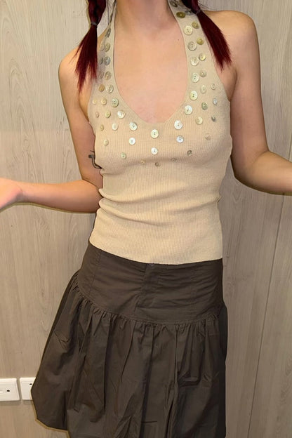 Shell Button Halter Knit Deep V Neck Tank Top