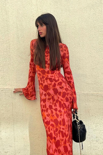 Round Neck Bell Cuff Abstract Floral Print Bodycon Maxi Dress