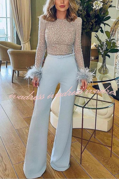 Ready for Vegas Feather Detail Trim Sequin Jumpsuit