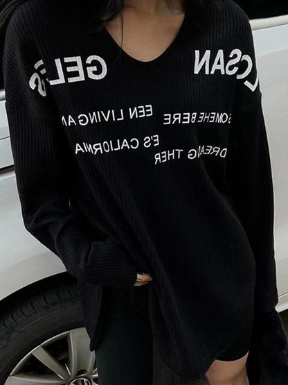 Letter Print U Neck Irregular Slit Long Sleeve Knit
