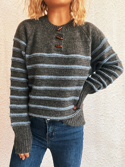 Striped Button Detail Long Sleeve Sweater