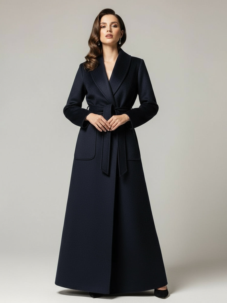 Belted Woolen Full-Length Maxi Coat With Wide Shawl Collar For Women 2026