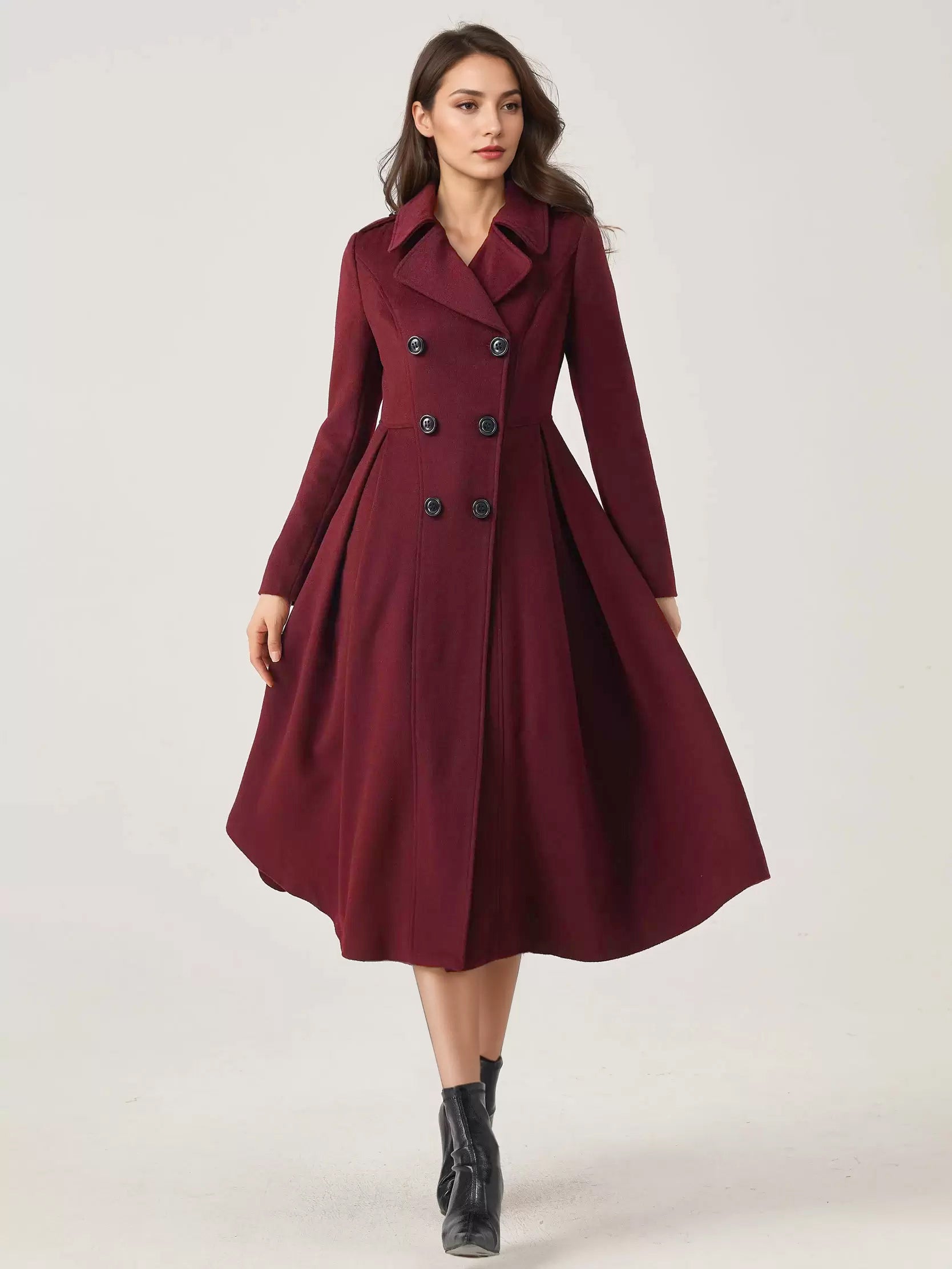 Green Woolen Flared Coat Double-breasted Wide Lapel Winter A-line Midi Outerwear 2026