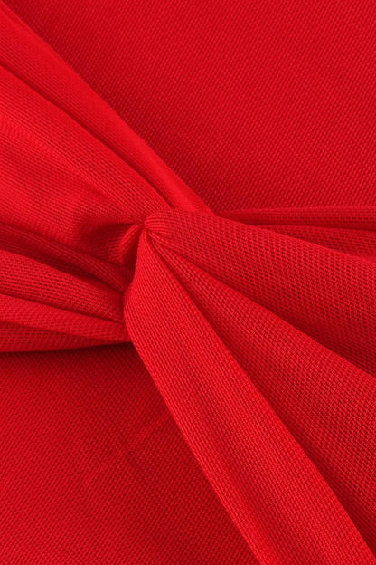 Off Shoulder Sheer Mesh Overlay Ruched Knot Detail Maxi Dress