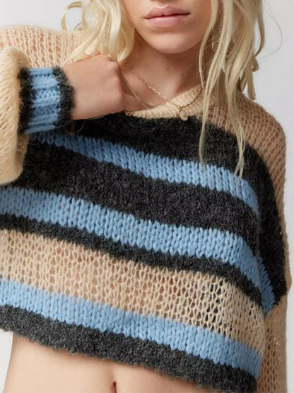 Contrast Color Striped Loose Cropped Sweater