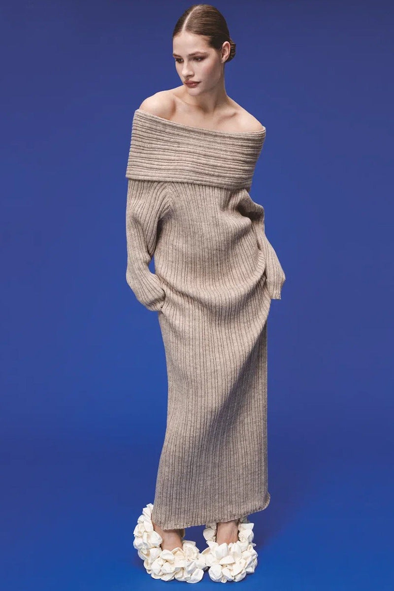 | Solid Off Shoulder Bodycon Knit Maxi Dress