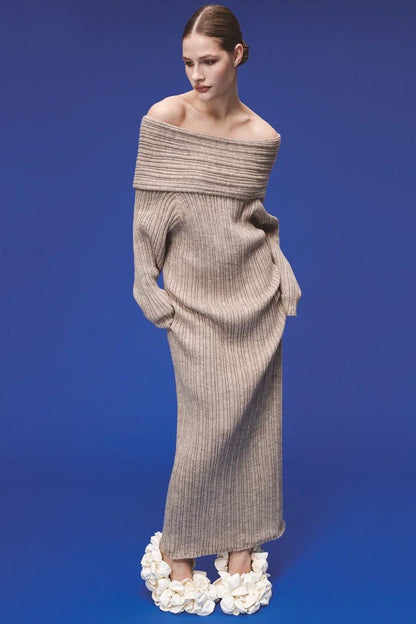 | Solid Off Shoulder Bodycon Knit Maxi Dress