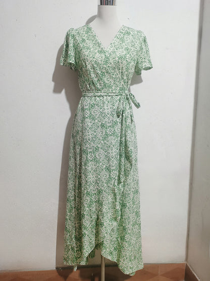 Floral Boho Short Sleeve Wrap Maxi Dress - V Neck Belted High-Low Flowy Sun Dress - Summer Beach Vacation 2026