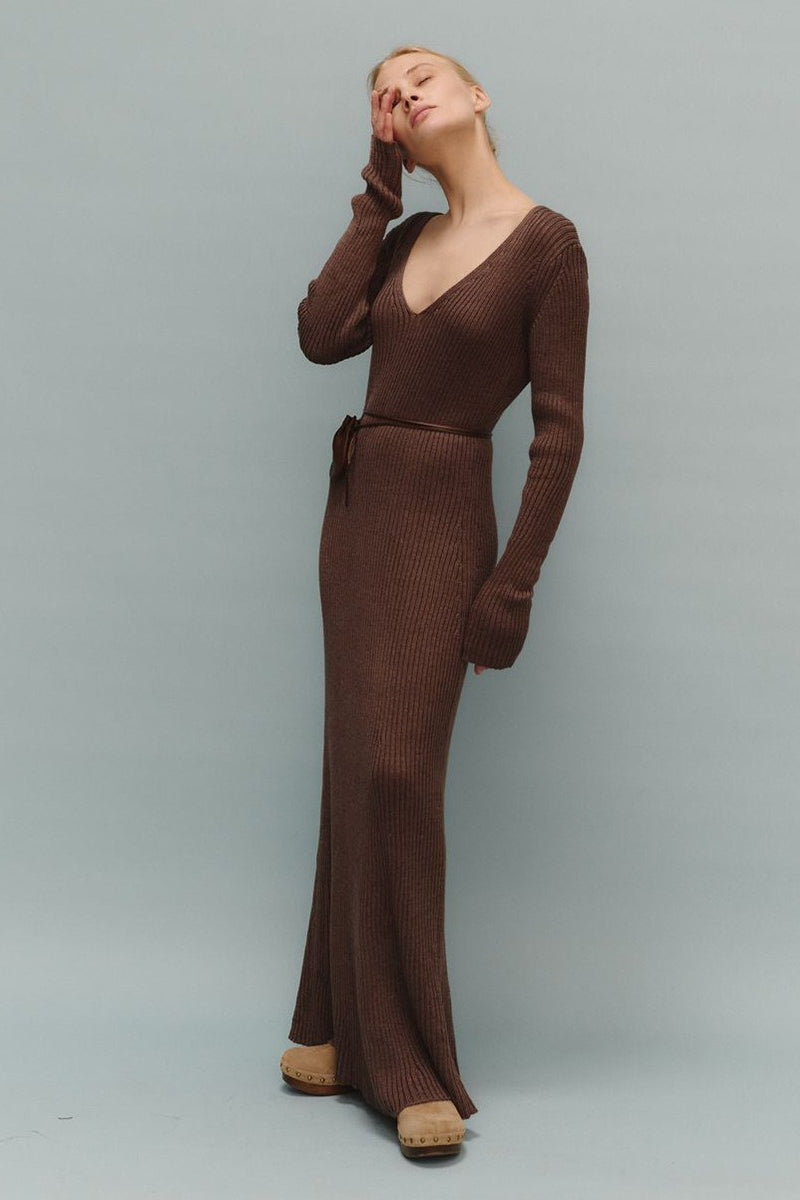 | Knit Bodycon V Neck Maxi Dress