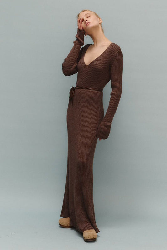 | Knit Bodycon V Neck Maxi Dress