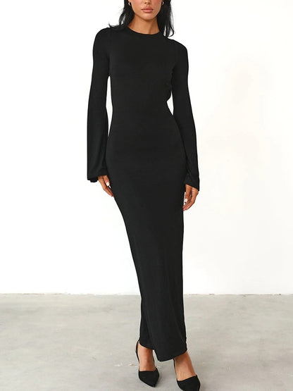 Solid Backless Trumpet Sleeve Maxi Dress