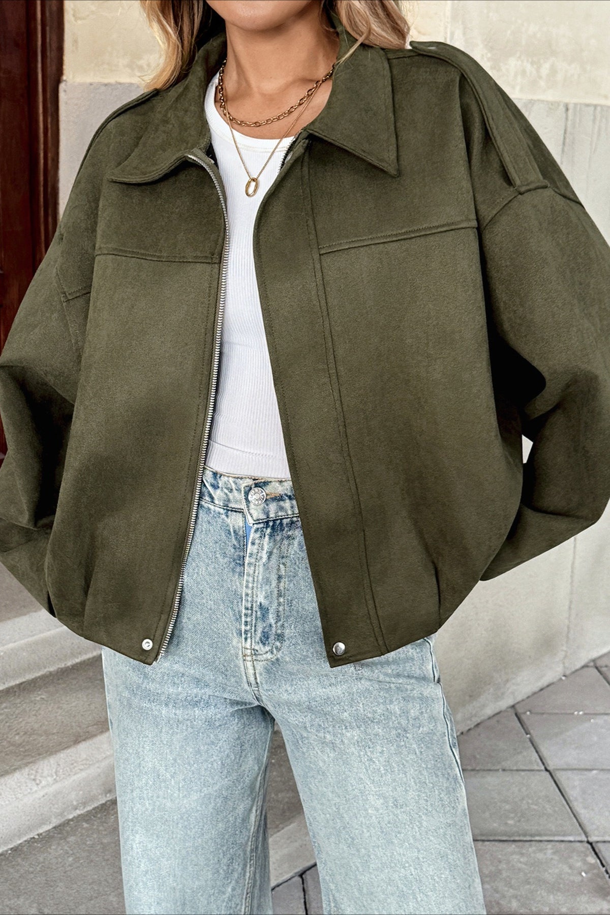 Lapel Collar Suede-Look Bomber Jacket