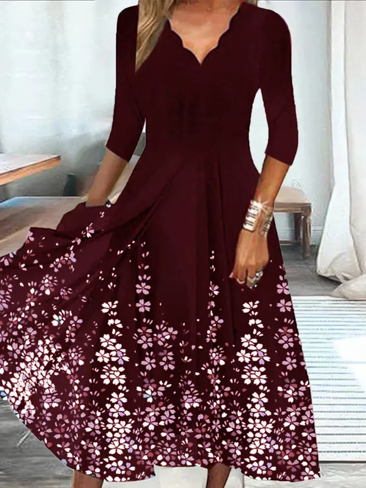 Scalloped V-Neck Three-Quarter Sleeve Floral Border Print A-Line Midi Dress